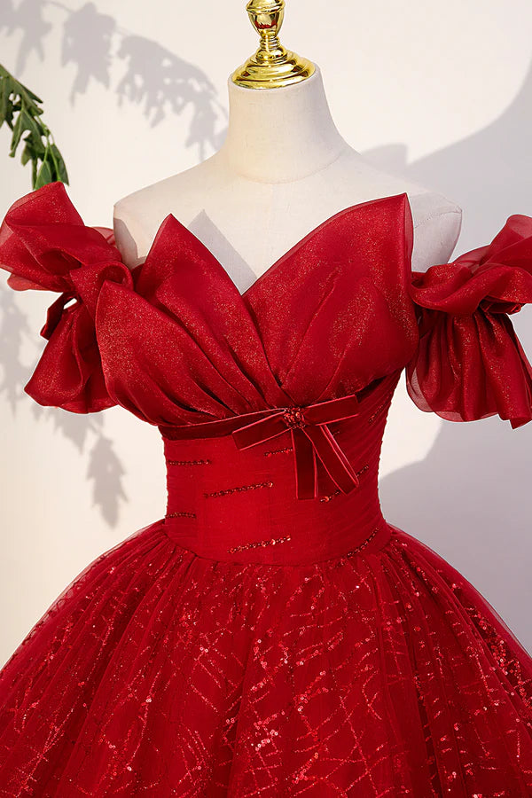 Wholesale Red Tulle Sequins Long Formal Dress Off the Shoulder Evening Dress